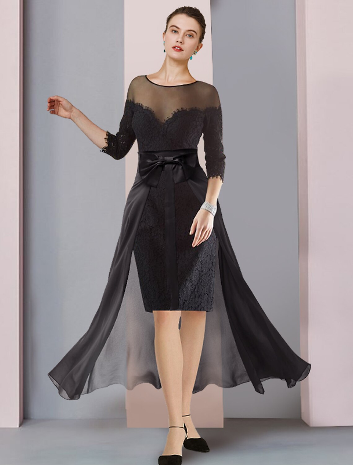 Wholesale  Two Piece Sheath / Column Mother of the Bride Dress Formal Wedding Guest Elegant detachable Scoop Neck Knee Length Chiffon Lace 3/4 Length Sleeve with Bow(s) Appliques
